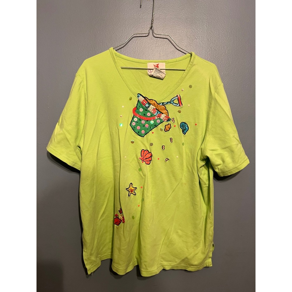 Quaker Factory Lime Green V-Neck Top W Sequin Beach Day Summer Motifs Size XL
